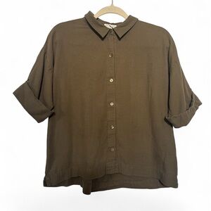 Eileen Fisher Shirt Womens Small Olive Green Button Up Short Sleeve Linen Blend